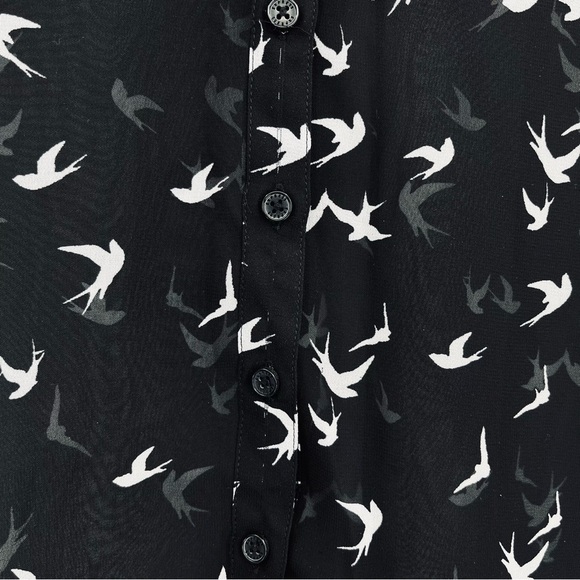 Express Portofino Sheer Black Bird Print Roll-Tab Sleeve Button-Down Shirt - Picture 4 of 10